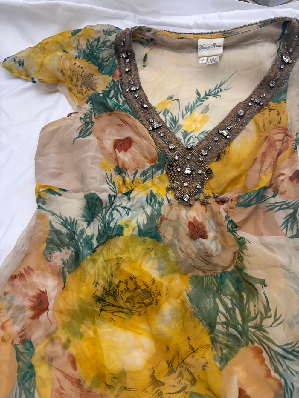 Tracy Reese Floral Chiffon Shorts in Yellow, Green, Cream
